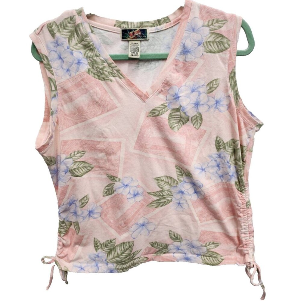 Vintage La Cabana Womens Floral Tropical Tank Top‎ XL Pink Ruched V Neck Beach